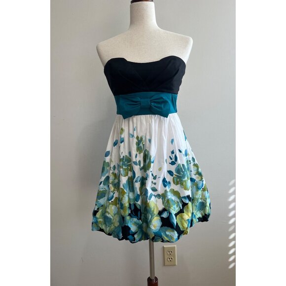 Y2K Speechless Strapless Bubble Dress Juniors 5 Teal Floral with Bow Detail - Picture 1 of 10